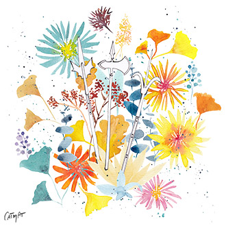 Aquarelle fleurs, bouquet, armes medievales, peinture coloree, vegetaux, plantes, feuilles